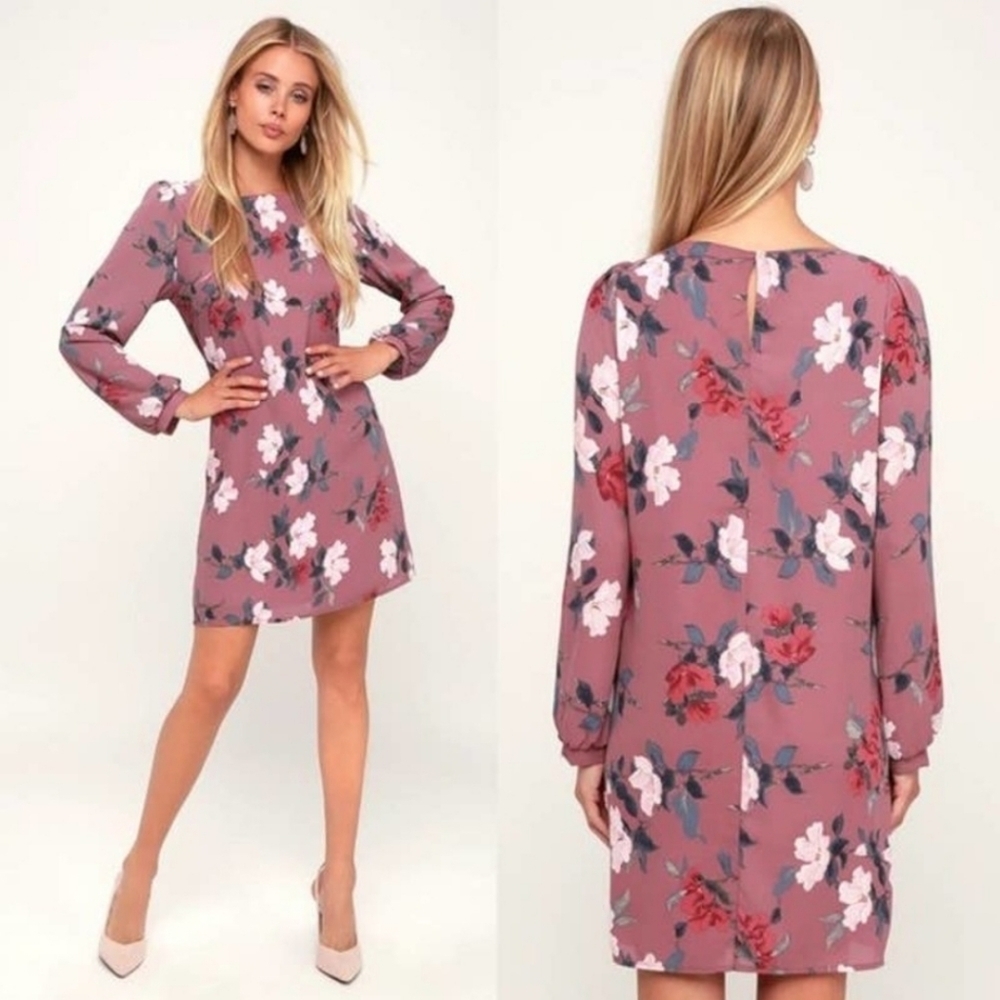 Lulu's Rosalinda Mauve Floral Long Sleeve Shift Dress